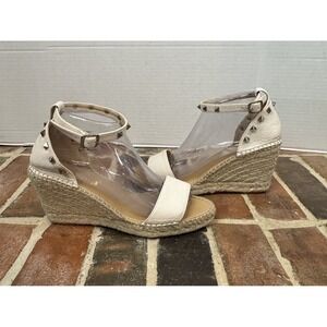 Maypol Espadrilles White Leather Sandals Studded‎ Open Toe Ankle Strap Women 8.5